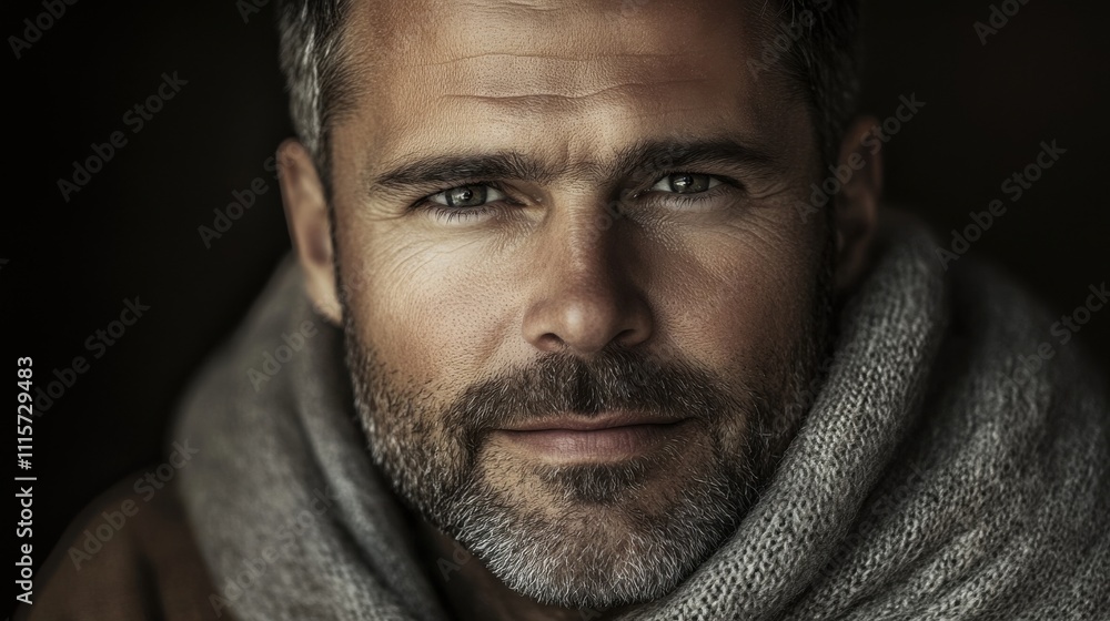 Fototapeta premium Close-up portrait of a man with a scarf, exuding warmth and confidence.