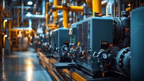 Large industrial generator in natural gas facility pipes and control systems emphasized