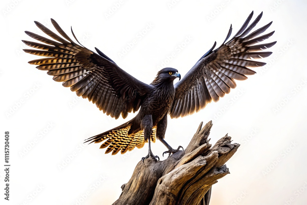 Obraz premium Stunning Silhouette of Aguja Bird in Hawk Family on Dead Tree Stump with Wings Spread, Isolated on White Background, Perfect for Nature and Wildlife Photography