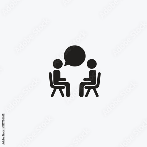 Monochrome icon depicting two individuals sitting and talking, symbolizing communication and conversation. Ideal for illustrating dialogue, meetings, and interactions in various contexts.