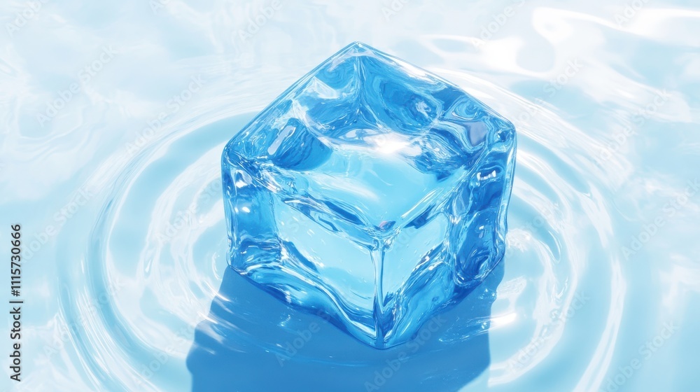 A clear ice cube resting on rippling blue water. A clear ice cube resting on rippling blue water.