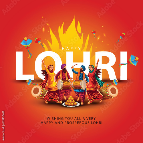 Happy Lohri festival of Punjab India background. group of people playing lohri dance. vector illustration banner design