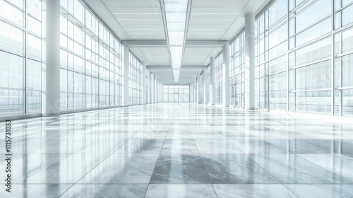 Wallpaper Mural Minimalist modern empty office space with floor-to-ceiling windows and reflective white floors. Bright architectural interior showcasing clean lines and natural light  Torontodigital.ca