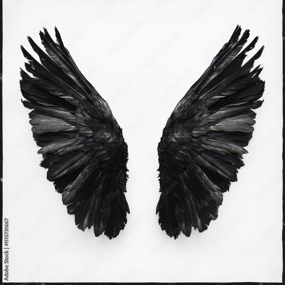 Obraz premium Digital creation black winged artwork showcasing ethereal minimalist aesthetics, isolated on a white background.