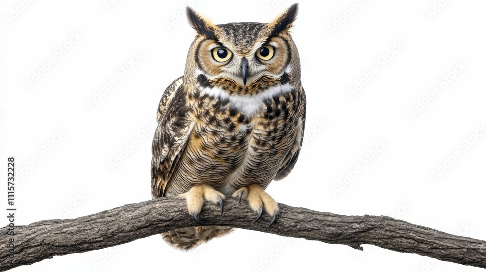 curious owl with wide-open eyes perched on a branch isolated on a clean white background detailed and minimalistic composition curious owl with wide-open eyes perched on a branch isolated on a clean white background detailed and minimalistic composition