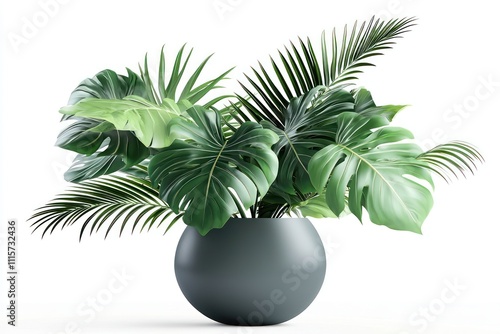 Lush foliage tropical plants in a contemporary vase, clear background for AI.