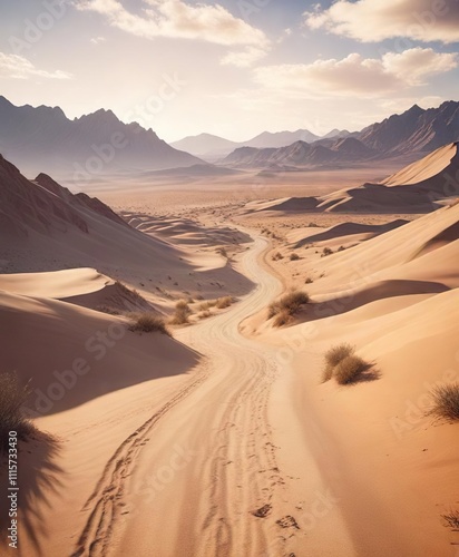 Winding road in desert with sandy dunes and a distant mountain range , range, mountain