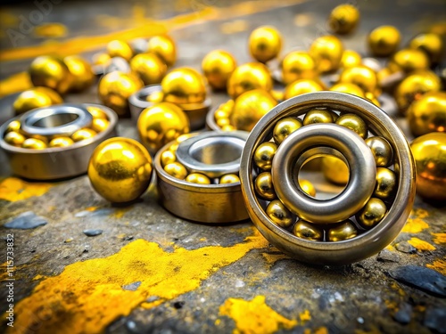 Urban Exploration Photography Featuring Small Yellow Ball Bearings on a Weathered Concrete Surface in an Industrial Setting, Capturing Texture and Color Contrast in Urban Environments photo