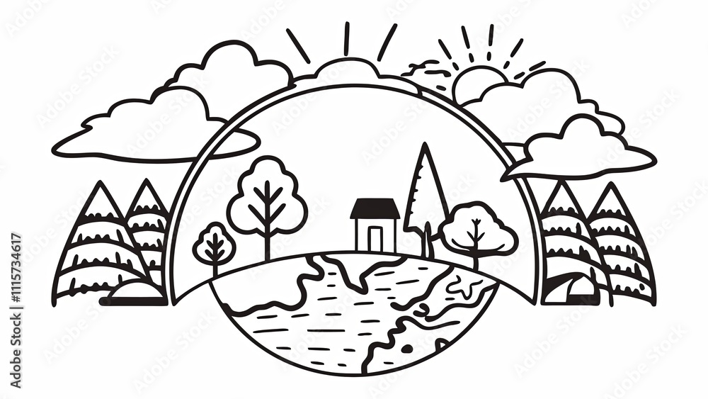 Naklejka premium A drawing of a landscape with a house and trees