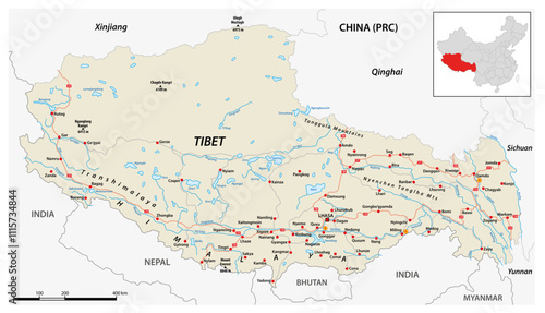 Detailed map of the Tibet Autonomous Region, China