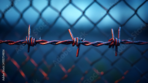 Rusty Barbed Wire Entangles Chain Fence at Dusk photo