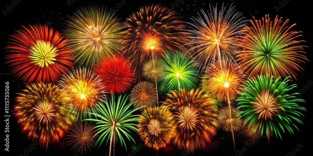 Vibrant Red, Green, and Yellow Gold Fireworks Explosions Isolated on Black Background for Stunning Overlay Effects in Candid Photography Projects and Celebratory Designs Vibrant Red, Green, and Yellow Gold Fireworks Explosions Isolated on Black Background for Stunning Overlay Effects in Candid Photography Projects and Celebratory Designs