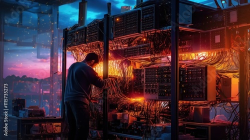 A lone technician works on a complex network of cables and equipment, bathed in a warm glow. photo