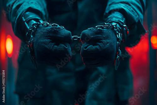 Chained Hands, Gloved, Metal Links, Dark, Mystery, Captivity, Despair,  Incarceration photo