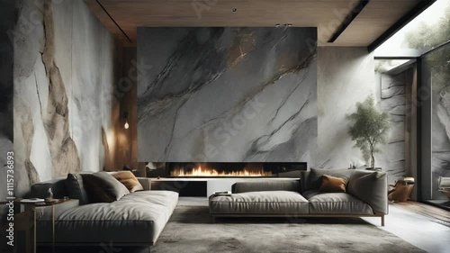 Modern Living Room with Stone Wall and Fireplace