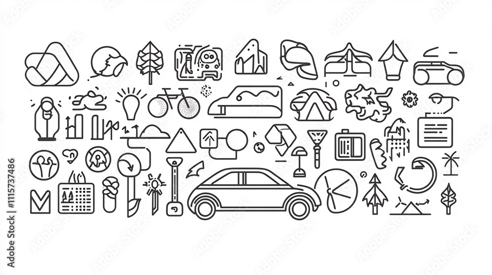 Naklejka premium Line art icons depicting travel, nature, technology, and sustainability.