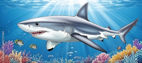 Wallpaper Mural Majestic shark gliding near coral reefs in sunlit underwater scenery surrounded by darting fish and vibrant aquatic life in a realistic style Torontodigital.ca