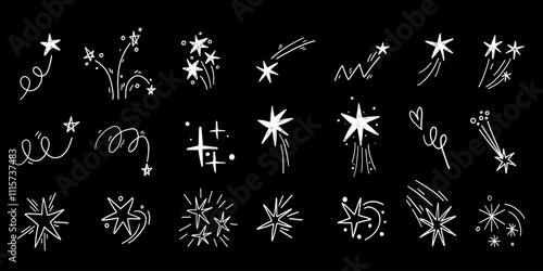 Stars charcoal doodle sparkling collection hand drawn pen graffiti grunge sketches.