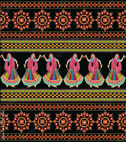 seamless Kutch embroidery pattern, with dandiya designs, suitable for home decor and textile design pattern