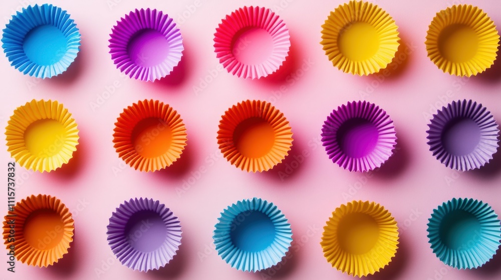 collection of paper cupcake molds in vibrant colors arranged neatly on a pastel background soft shadows and bright lighting collection of paper cupcake molds in vibrant colors arranged neatly on a pastel background soft shadows and bright lighting