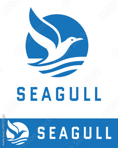 A modern blue logo featuring a seagull flying above stylized ocean waves within a circular design