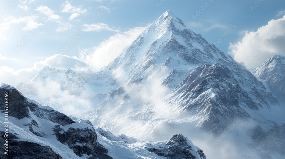 Obraz premium A majestic snow-covered mountain peak surrounded by clouds and rocky terrain.