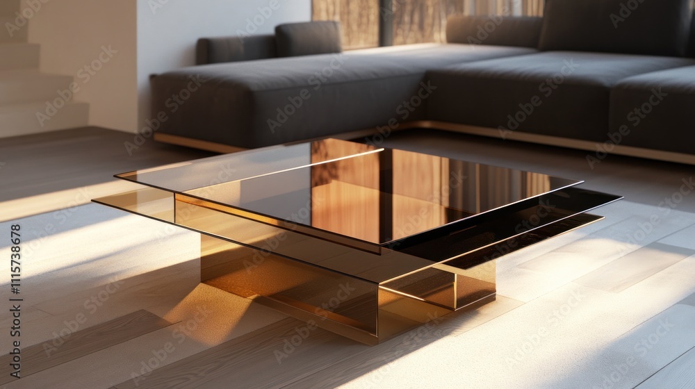 Fototapeta premium Modern Glass Coffee Table in Sunlit Living Room