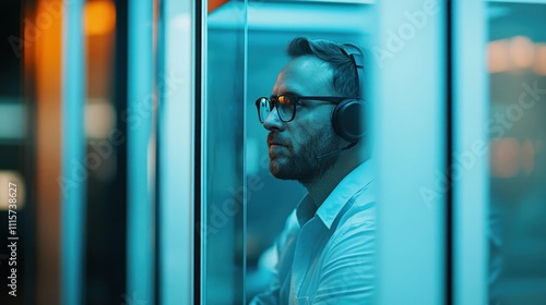 professional interpreter at a conference wearing a headset and translating sitting in a glass booth