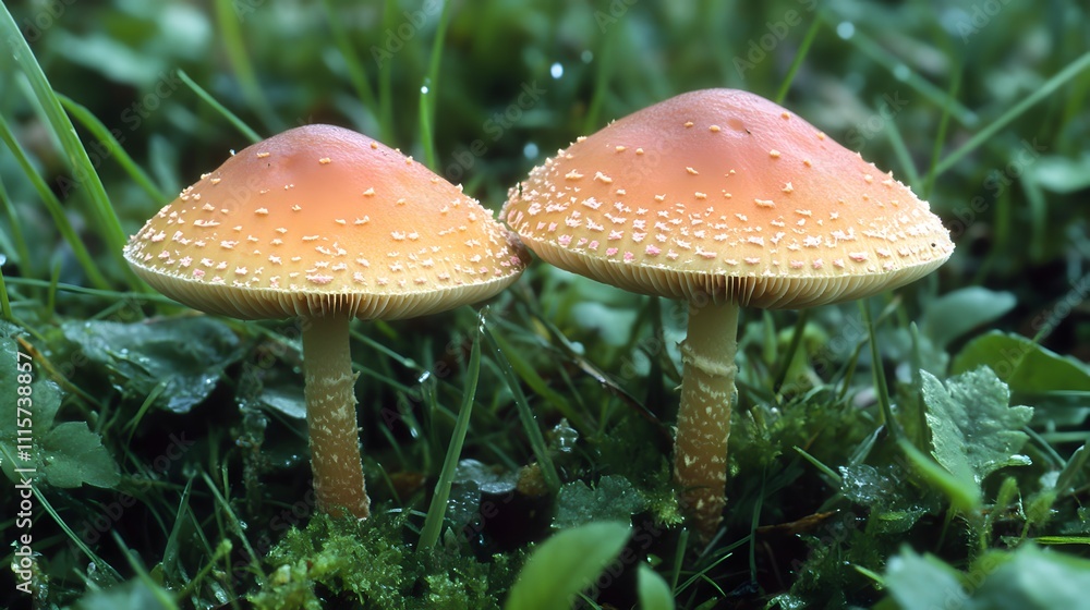 Fototapeta premium Two small mushrooms growing on the grass, with a pink and purple background