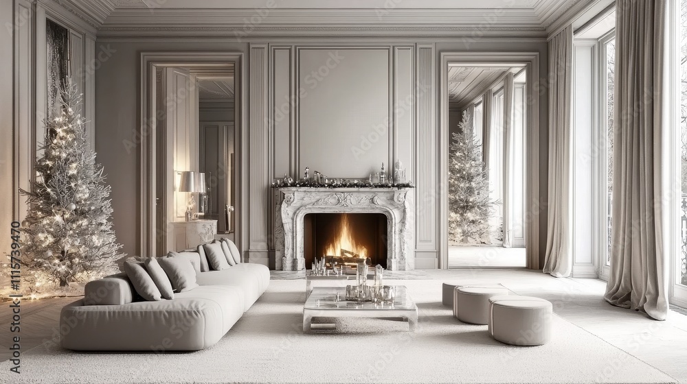 Fototapeta premium Elegant and Cozy Christmas Living Room with Fireplace and Tree