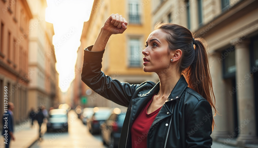 Confident young woman gesturing in a city street during sunset with urban background Confident young woman gesturing in a city street during sunset with urban background