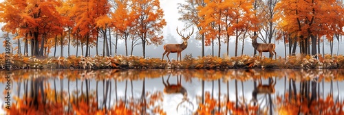 Wallpaper Mural Wild animals such wolves and elk standing by a serene forest lake at dawn warm tones blending with soft mist in a naturalistic style Torontodigital.ca