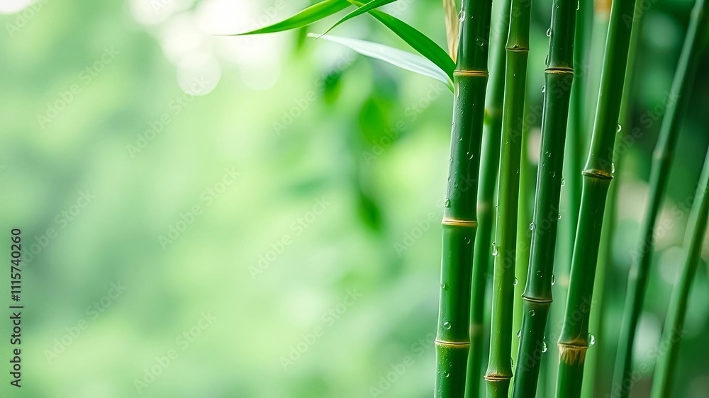 Fototapeta premium Close-up of vibrant green bamboo stalks with water droplets, serene nature background