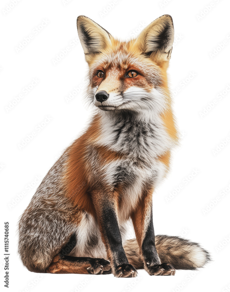 Obraz premium Red fox sitting gracefully on a white background, cut out - stock png.
