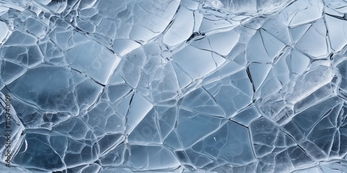 Cracked ice surface texture with geometric craquelure in cool blue tones. Abstract winter background showing frozen water crystalline structure. Natural fractal patterns with dramatic lighting. 8k