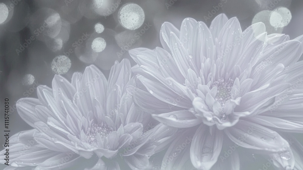 Serene Grey Flowers Soft Bloom Dew Drops Bokeh Background Serene Grey Flowers Soft Bloom Dew Drops Bokeh Background
