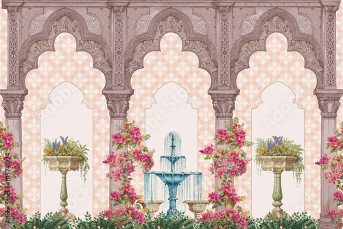 Traditional Andalusia arch, bougainvillea flowers illustration with arabesques pattern for wallpaper print photo