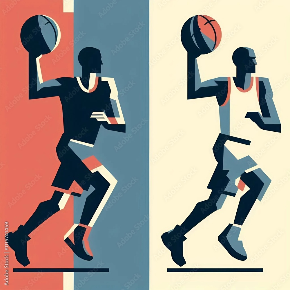 Fototapeta premium Flat illustration of a minimalist basketball poster, using only three colors. The design features a stylized figure of a basketball player holding a ball