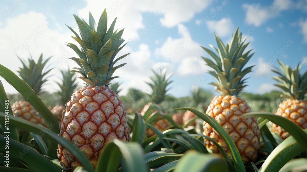 A close-up view of pineapples growing in a field under a blue sky. A close-up view of pineapples growing in a field under a blue sky.