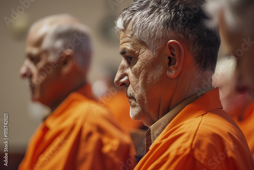 Generative AI Image of Prisoner crimanal in Orange Jumpsuit in Jail Corridor on hearing