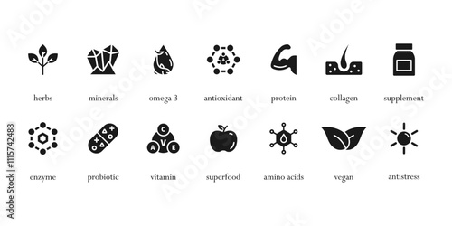 Organic, bio, vegan product label. Supplement and vitamin icon set. Natural probiotic, protein, mineral sign for packaging. Healthy food. Detox diet badges. Nutrition sign. Vector illustration.