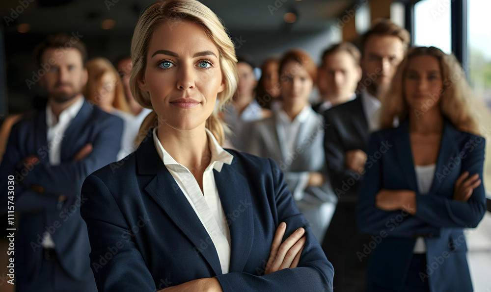 Smiling business woman leader standing in office at team meeting, business woman standing in office with work colleagues. Confident woman in formal wear stands at her workplace.. Smiling business woman leader standing in office at team meeting, business woman standing in office with work colleagues. Confident woman in formal wear stands at her workplace..