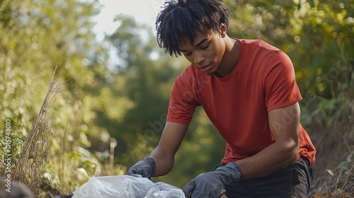 Man Picking Up Trash in Forest