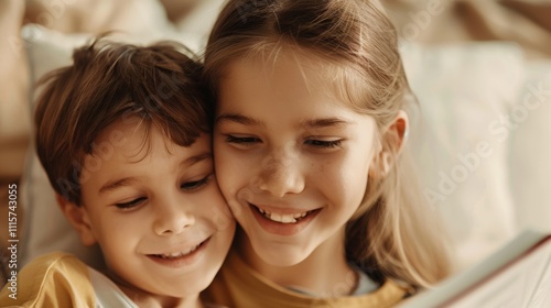 The image depicts two children a boy and a girl lying On a bed with their heads close together smiling and reading a book.