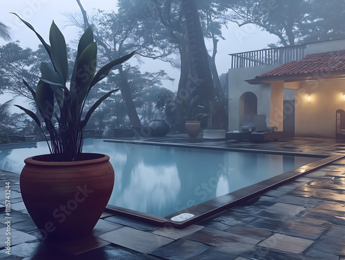 A serene poolside scene with a potted plant in the foreground. The misty atmosphere and modern villa in the background create a peaceful, tranquil setting, perfect for relaxation and calm. photo