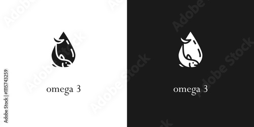 Icons of Omega 3 Fatty Acids. Black and White Vector Icons. Sea Fish and Drop of Oil. Label for Packaging of Medicines and Food Products