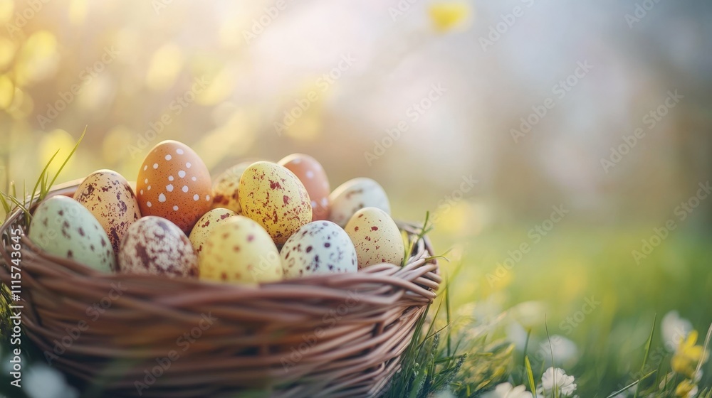 Obraz premium basket of multicolored Easter eggs in focus with a blurred spring meadow background bright lighting and festive mood