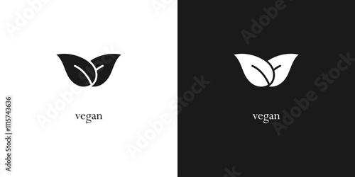 Vegan food diet icon. Organic, bio, eco symbol. Vegan, no meat, lactose free, healthy, fresh and nonviolent food. Vector illustration with leaves for stickers, labels and logos