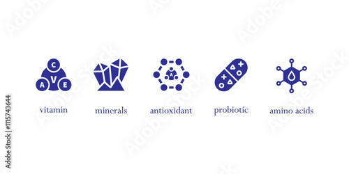 Nutrition icon set. Containing food, vegetables, water, meal planning, fruits, dietary fiber, protein, vitamins, healthy fats and carbohydrate icons. Solid icon collection. Vector illustration.