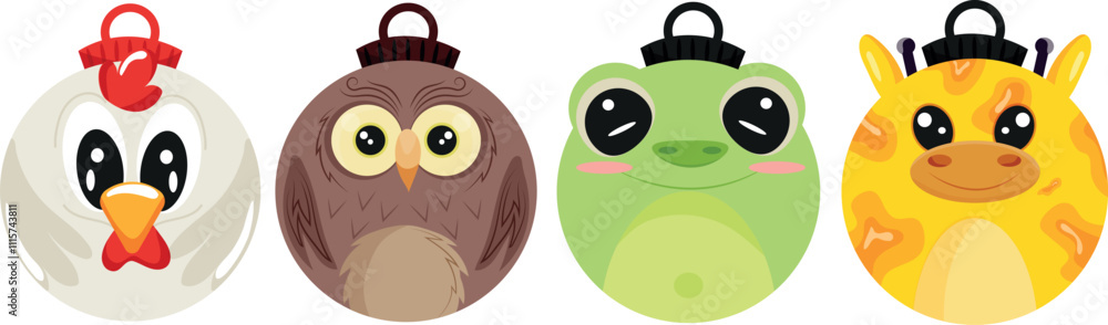 set christmas tree decoration bauble icon with brown owl, green frog, white rooster and yellow giraffe, for various textiles, posters or banners set christmas tree decoration bauble icon with brown owl, green frog, white rooster and yellow giraffe, for various textiles, posters or banners
